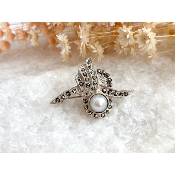 Marcasite Faux Button Pearl Abstract Art Deco Sterling Vintage Brooch Pendant - Picture 10 of 10